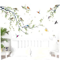 DRWSSR Green Vine Wall Decal White Flowers and Birds on Branch Natural View Wall Sticker DIY Detachable Peel and Stick Wall Art Mural for Living Room Bedroom offcie Home Decor