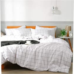 JELLYMONI 100% Natural Cotton 3pcs Plaid Duvet Cover Sets,White with Black Grid Geometric Pattern Printed Comforter Cover,with Zipper Closure & Corner Ties(Queen Size)