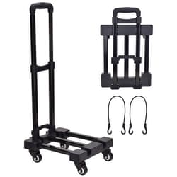 Lougnee Folding Hand Truck, 4 Wheels Fold Up Hand Cart with 2 Elastic Ropes, Portable Foldable 220 lbs Capacity Heavy Duty Luggage Cart, Utility Dolly Platform Cart for Car House Office Moving, Black