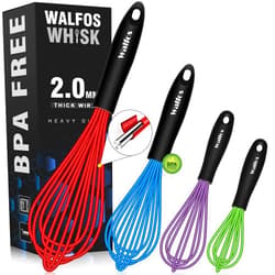 Walfos Whisk, Silicone Whisk Heat Resistant (480°F) Kitchen Whisks Set of 4- Professional Whisks For Cooking Non Scratch, Balloon Egg Wisk Perfect for Frothing, Blending, Beating