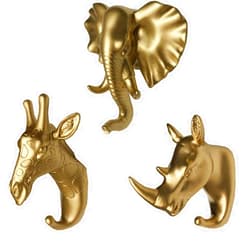 BiuBiu Home Set of 3 Elephant Head Giraffe Head and Rhino Head Wall Hooks / Hangers Animal Shaped Coat Hat Hooks (Gold)