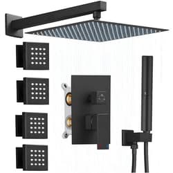 BESy 12 Inch Rain Shower Head System 4 Full Body Jets Set, Wall Mounted High Pressure Rainfall Shower Faucet Fixtures Combo with 2 in 1 Handheld Sprayer Hand Showerhead for Bathroom, Matte Black
