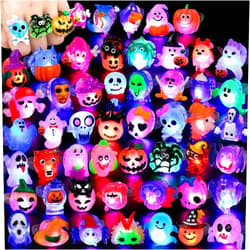 FLY2SKY Halloween Treats 50Pcs 3D Halloween Ring LED Light Up Rings Halloween Toys Halloween Party Favors for Kid Glow In The Dark Accessory Non Candy Gift Bag Fillers NEW VERSION