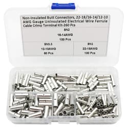 Zovfam 260 Pcs Non Insulated Butt Connectors 22-18/16-14/12-10 AWG Gauge Uninsulated Electrical Wire Ferrules Cable Crimp Terminal Kit for Electrical Splice DIY