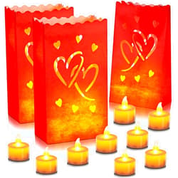 Honoson 48 Pcs Red Luminary Bags with LED Candles Set, 24 Flame Resistant Candle Bags 24 LED Tealight Candles for Wedding Engagement Proposal