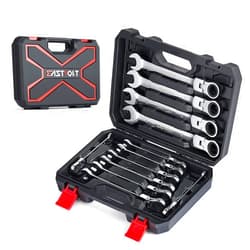 Eastvolt 12-Piece Flex-Head Ratcheting Wrench Set, Metric 8mm-19mm, Combination Ended Spanner kits, Chrome Vanadium Steel with Toolbox, EVHT1201