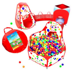 Playz 5-Piece Kids Play Tents Crawl Tunnels and Ball Pit Popup Bounce Playhouse Tent with Basketball Hoop for Indoor and Outdoor Use with Red Carrying Case