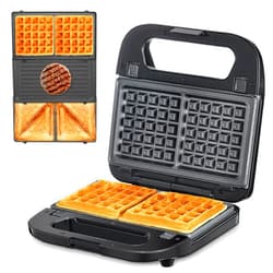Reemix 3-in-1 Waffle, Grill & Sandwich Maker, Panini Press Grill and Waffle Iron Set with Removable Non-Stick Plates, Perfect for Cooking Grilled Cheese, Tuna Melts, Burgers, Steaks and Snacks, Black (3 in1 Sandwich Maker With Plastic Handle)