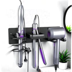 Dovyn Blow Dryer Holder Wall Mount, 3 in 1 Bathroom Hair Tool Organizer with Curling Iron Holder & Flat Iron Holder, Universal Hair Dryer Holder Rack Storage Matte Black