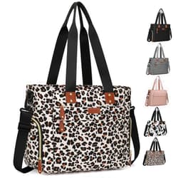 Pritent Diaper Bag Tote for Working Mom, Large Travel Diaper Tote for Mom and Dad with 15 Inch Laptop Sleeve, Mommy Bag Maternity Bag Travel Baby Bag for Boys and Girls, Leopard