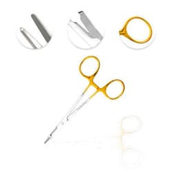Cynamed TC Olsen Hegar Needle/Suture Holder Driver with Tungsten Carbide Inserts and Gold Rings - Premium Grade Instrument - Hemostat with Scissors (5.5 in.)