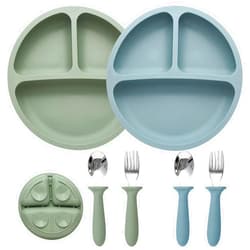 Eascrozn Baby Feeding Set, 2 Pack Silicone Divided Suction Plates for Baby, 2 Pack Spoons and Forks Set, BPA Free, Baby Led Weaning Supplies for Toddler Utensils
