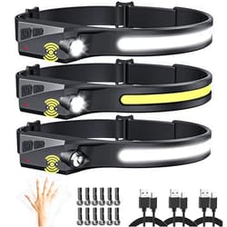 UUYEE Headlamp Rechargeable 3Pack, LED Headlamp Flashlight with Motion Sensor, 230° COB Wide Beam Head Lamp, 5Mode Head Lights for Forehead Waterproof, Bright Headlamps for Adults Running Camping