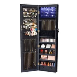 SONGMICS 6 LEDs Mirror Jewelry Cabinet, 47.2-Inch Tall Lockable Wall or Door Mounted Jewelry Armoire Organizer with Mirror, 2 Drawers, 3.9 x 14.6 x 47.2 Inches, Black UJJC093B01