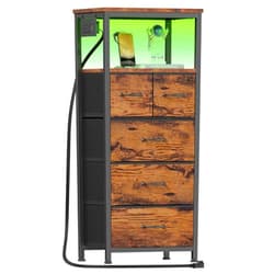 Furnulem Dresser for Bedroom, Tall Nightstand, Vertical Chest with Wood Top, Charging Station, LED Lights, 5 Fabric Bins, Bedside Table with Shelf, Furniture for Entryway (5 Drawer, Rustic Brown)