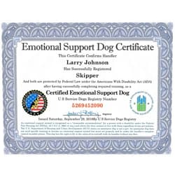 Just 4 Paws Official Certified Emotional Support Dog Customized Certificate | Includes Handler/Dog PVC Info Card & Registration at US Service Dogs Registry