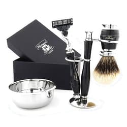 Haryali London Shaving Set with Silver Tips Shaving Brush - Complete 5 Pieces Aluminum Handle Shaving Kit for Men