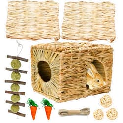 Hamiledyi Bunny Grass House with 2 Grass Mat and Play Balls Foldable Toy Hut for Rabbit, Squirrels, Guinea Pigs Play and Sleep Edible Grass Hideaway