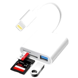 Geobom Lightning to SD TF Card USB Camera Reader, Apple MFi Certified Memory Card USB OTG Adapter Compatible with iPhone 14/13/12/11/XS/XR/X/8/7/iPad to Trail Camera Viewer, Plug and Play (Three Slot)