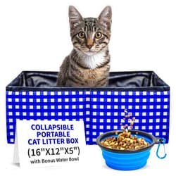 Pet Fit For Life - Vibrant Collapsible Travel Cat Litter Box - Portable, Foldable, Compact Design with Bonus Water Bowl - Ideal for Car & Camping - Reusable, Cats Safe - Blue, (16