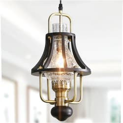 Lanpesting Farmhouse Chandelier Modern Hanging Light, Vintage Rustic Pendant Lights Fixture, Crackle Glass Shade, Wood & Metal Cage Base for Living Room Dining Room Foyer Kitchen Island Bedroom