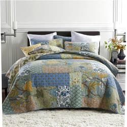 ENASAL Cotton Bedspread Quilt Sets Reversible Bedding Coverlet Sets Comforter, Patchwork Vintage Floral Paisley Farmhouse Pastoral Turquoise Bedspread, King Size