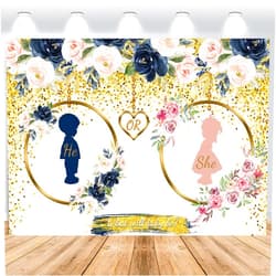 Diasynig 7x5FT Gender Reveal Backdrop Navy and Blush Boy or Girl He or She What Will Baby Be Photography Background Gender Reveal Party Cake Table Decorations Banner Photo Booth Props