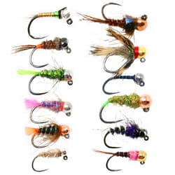 The Fly Crate 12 Barbless Euro Czech Nymphing Trout Fly Fishing Flies - European Nymph Fly Assortment with Tungsten Beads - Jigs, Perdigons, and Barbless Nymphs