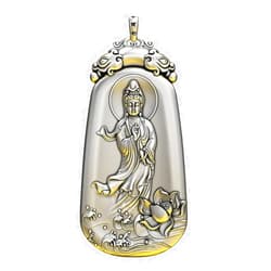 Kinsing Quan Yin Laughing Buddha Necklace Pendant for Men Women Hand Carved Silver-Plated Guan Yin Keel Chain Kwan-yin Chinese Feng Shui Lucky Amulet Jewelry