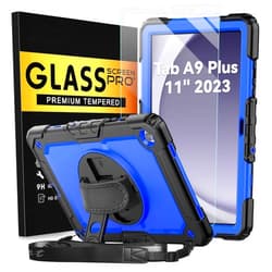 BLOSOMEET Blue Case for Samsung Galaxy Tablet A9 Plus 11 Inch 2023 with Tempered Glass Screen Protector, Pencil Holder, Kickstand, Hand Strap,Shoulder Strap