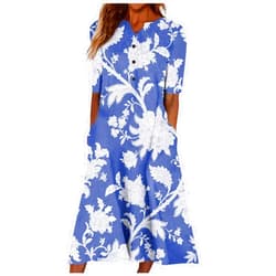 Generic Womens Dresses Half Sleeve Button Down Dresses Pocket V Neck Maxi Dress Floral Printed Elegant Beach Dress