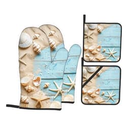 Mount Hour 4-Piece Set Oven Mitts and Potholders, Sea Shell Beach Summer Starfish Board Baking Glove and Pot Holder for Cooking BBQ
