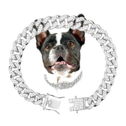 THAMIAO Dog Chain Collar Silver Dog Necklace Diamond Cuban Link Dog Collar 13mm Wide Metal Pet Cat Dog Chain Crystal Collar Jewelry Accessories for Large Medium Small Dogs Cats(Silver,10 Inch)