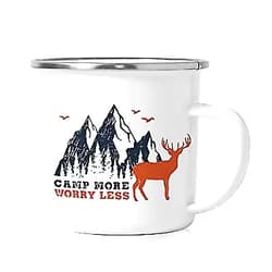 DIGIBUDDHA Camp More Worry Less Camper Mug Enamel Coated Campfire Coffee Cup w/Handle Tin Enamelware Stainless Steel Mountains Deer Hunting Tin Camp Fire Metal Coated Camping Backpacking Gift 12oz