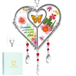 LARAINE Heart Suncatcher with Pressed Flower Wings Mom Mother's Day Love Glass Wind Chime Ornament Charm with Metal Heart Gifts for Mom Grandma Aunt Birthday (Grandma, Butterfly)