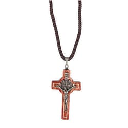 Catholica Shop Saint Benedict Medal Wood Crucifix Pendant Cord Necklace. Religious Necklace for Men and Women. Made in Brazil