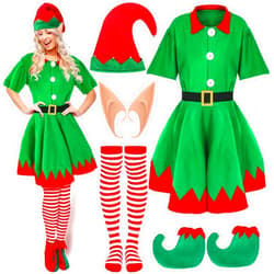 Hoosige 6 Pcs Women Christmas Elf Costume Set Costume Dress Xmas Festive Outfit with Elf Ears Hat Shoes Belt Striped Socks