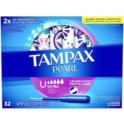 Tampax Pearl Tampons Ultra Absorbency with BPA-Free Plastic Applicator and LeakGuard Braid, Unscented, 32 Count