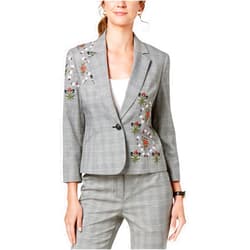 Nine West Womens Embroidered Plaid One Button Blazer