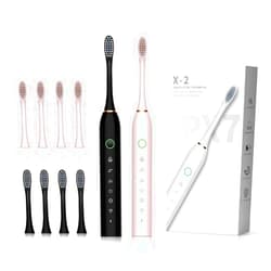 SUNPRO 2 Pack Sonic Electric Toothbrush, Rechargeable, 42000vpm, 6 Clean Modes, 2 Minute Built-in Timer with 8 Brush Heads (Black+Pink)