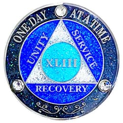 Simply Minimal (Years 1-50) AA 43 Year Recovery Coin, Alcoholics Anonymous Medallion, Metal Coin, Silver Color Plated, Glitter and Crystals Metal Coin