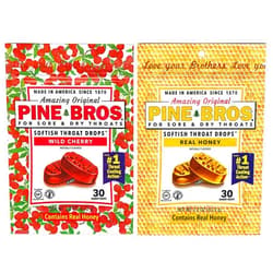 Pine Bros. Bundle-Two Flavors Softish Throat Drops, Natural Honey 30 Ct / Wild Cherry 30 Ct