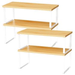 OGEMXU Cabinet Shelf Organizers, 15.7 inches Large Kitchen Counter Shelf, Set of 4 Wood Kitchen Pantry Organizer, Storage Shelves for Countertop, Spice Rack, Stackable, Expandable, Metal White, Nature