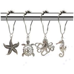 Kinwot Ocean Shower Curtain Hooks Rings - Rust Proof Shower Curtain Hangers Set of 12, Silver Starfish Seahorse Turtle Octopus Sea Animals Decorative Bathroom Accessories Set, Beach Ocean Theme Decor