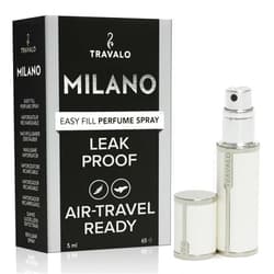 Travalo Milano Perfume Atomizer - Elegant Design for Valentine’s Day - Reusable, Airtight, Easy Fill Mini Pump Sprayer - Vegan Leather with Polished Metal Outer Shell - White