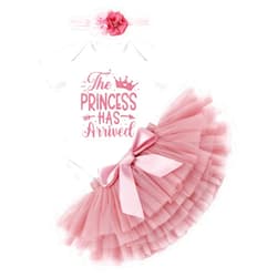 IMEKIS Newborn Baby Girls Coming Home Outfit Princess Romper + Tutu Skirt + Flower Headband Shiny Clothes Set for Photo Shoot