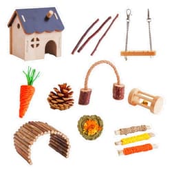 GOODMOM 14pcs Bunny Toys Hamster Cage Accessories Wooden Avoiding Nest Arch Bridge Cradle for Rabbit Bunny Chinchilla Guinea Pig Hamster Chew Toys for Teeth Care Apple Tree Sweet Bamboo Timothy Hay