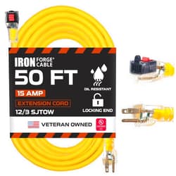 Iron Forge Cable Oil Resistant 12 Gauge Extension Cord 50 ft with Locking Ends, 12/3 SJTOW Heavy Duty Extension Cord 3 Prong with Locking Outlet, Yellow Outdoor Cable 15 Amp Great for Major Appliances