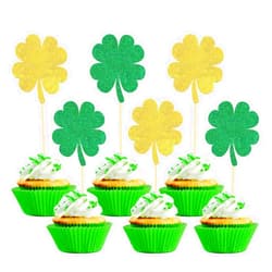 Moitkptt 24 PCS Glitter Lucky Four Leaf Clover Cupcake Toppers, St.Patrick's Day Shamrock Cake Toppers for for St Patrick's Day Party Decorations (Trefoil A)