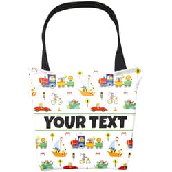 Bouncing Brick Designs Personalized Tote Bag - Vehicles, Custom Name/Text, Reusable w/Straps, Canvas Cloth Fabric, Customized Gift Idea, Birthday/Christmas/Holiday Present, 16x16